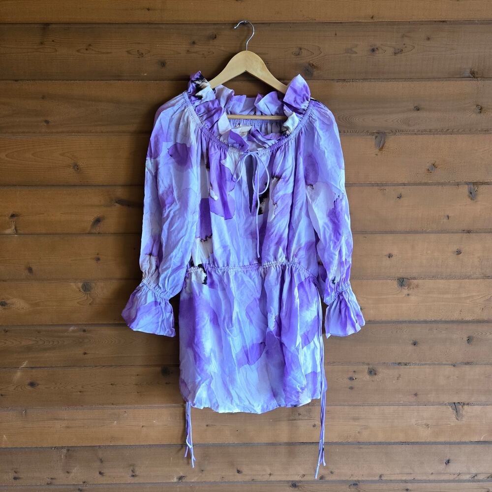 H&M Dress Mini Purple Flower Hour Ruffle Long Sleeve Boho Feminine Preppy Boho - Picture 2 of 5